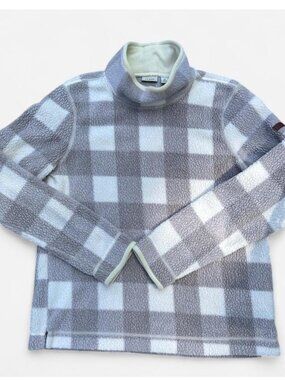 Vintage L.L.Bean Women's Grey/Cream Checkered Turtleneck Pullover Fleece